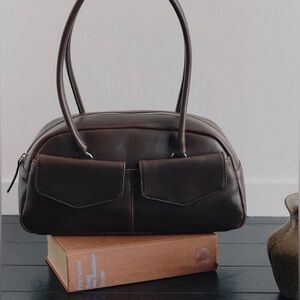 NWT Brown Leather Bowling Bag with pockets